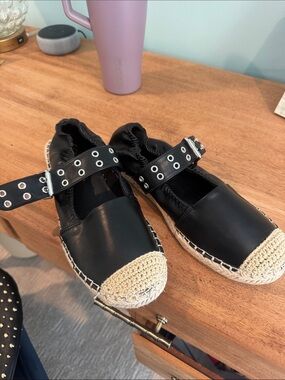 Coconuts By Matisse Black Espadrille Mary Jane Flats with Eyelet Strap